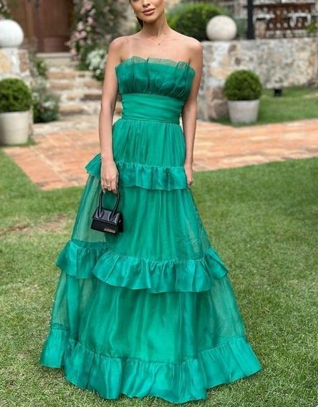 Green Strapless Tulle Layered Long Prom Dress A Line Evening Party Dress cc1520