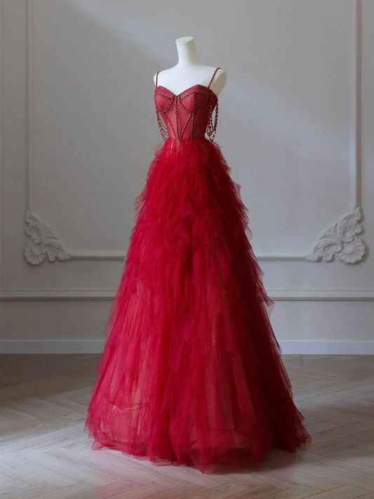 Charming Burgundy Sweetheart Neck Tulle Beads Long Prom Dress A Line Party Evening Gown cc1740
