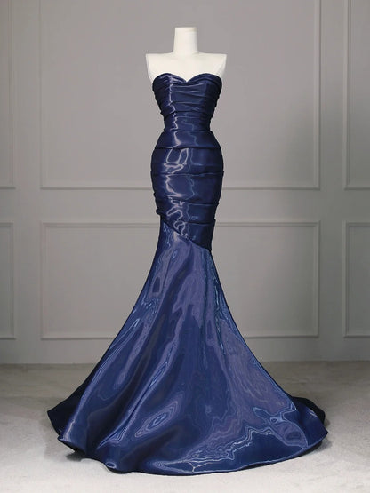 Elegant Navy Blue Mermaid Strapless Pleated Satin Long Prom Dress Evening Dress cc5282