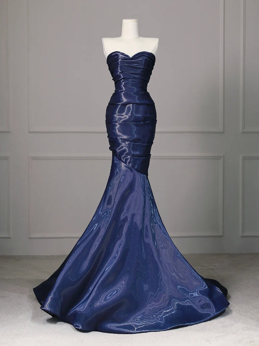 Elegant Navy Blue Mermaid Strapless Pleated Satin Long Prom Dress Evening Dress cc5282