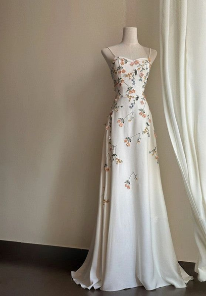 Spaghetti Straps White Satin Long Prom Dress,Elegant Evening Dress Wedding Dress With Appliques cc1543