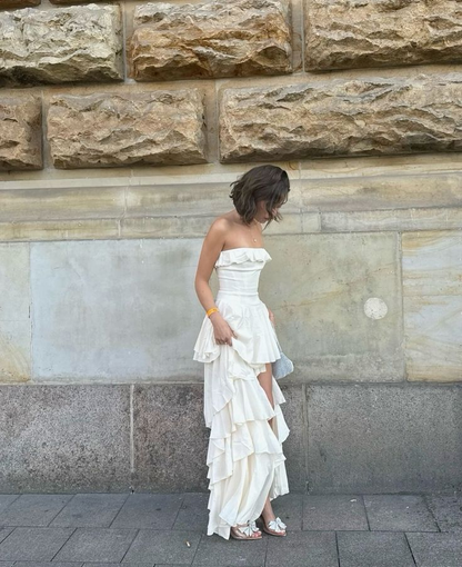 Elegant Ivory Strapless Satin Layered Prom Dress，Formal Wedding Evening Dress cc2681