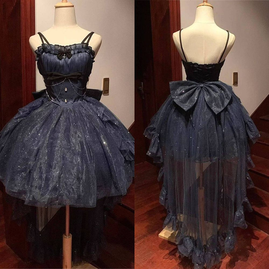 Cute Spaghetti Straps Navy Blue Tulle Sequin Birthday Outfits Short 8th Grade Homecoming Dress cc3345