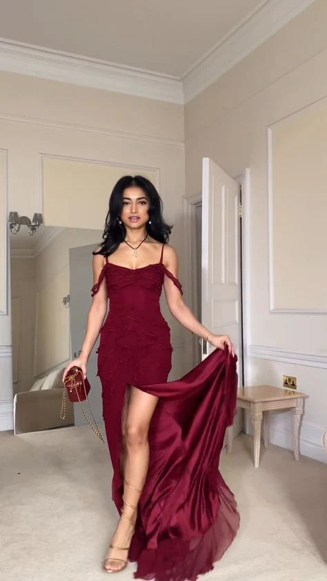 Burgundy Off Shoulder Straps Multi-layered Ruffles Long Prom Dress Chiffon Evening Dress cc1433