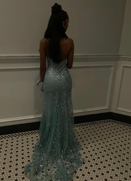 Charming Spaghetti Straps Tulle Lace Mermiad Prom Dress Blue V Neck Prom Evening Gown cc2445