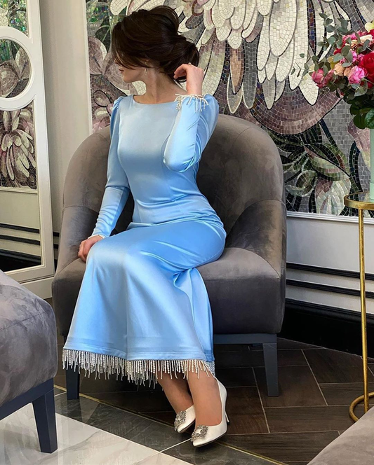 High Quality Mermaid Evening Dresses Long Sleeves Satin Beadings cc590