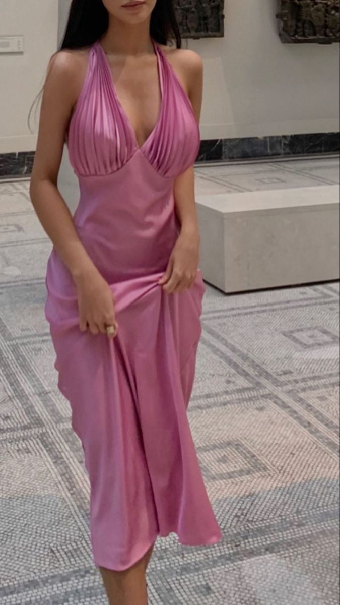 Sexy Pink V Neck Pleated Halter Party Dress Backless Prom Evening Gown cc2158
