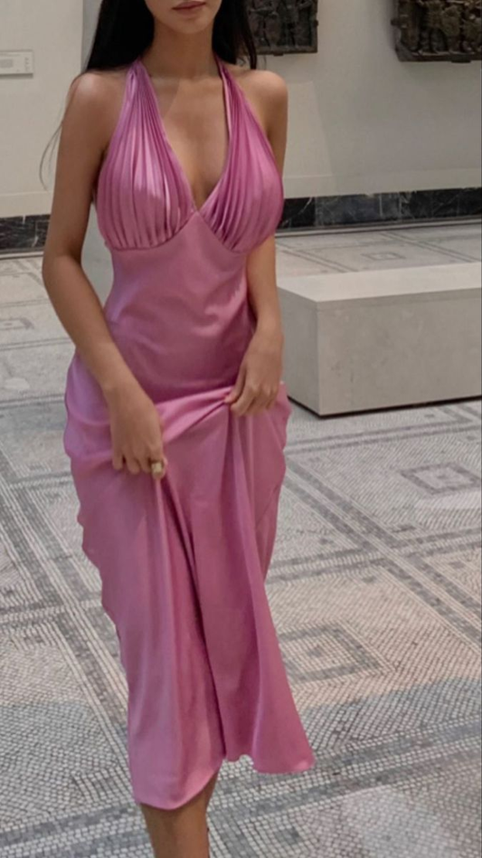 Sexy Pink V Neck Pleated Halter Party Dress Backless Prom Evening Gown cc2158
