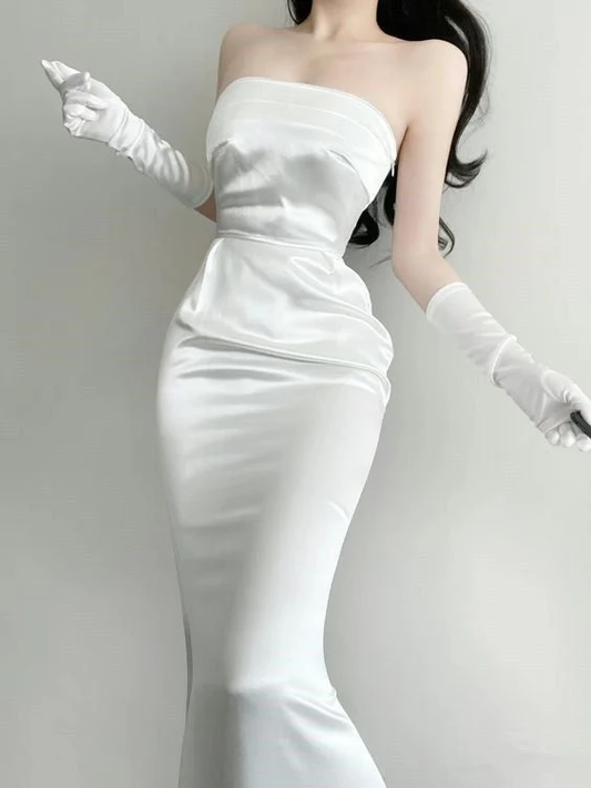 Elegant White Satin Strapless Mermaid Evening Dress Long Party Dress With Gloves cc2023
