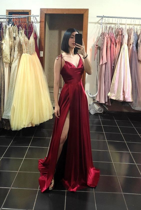 Sexy Burgundy Satin Spaghetti Straps Sleeveless Side Slit A-Line Long Prom Dress cc945