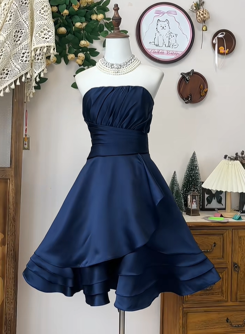 Vintage Strapless Navy Blue A Line Short Party Dress Homecoming Dress cc3260