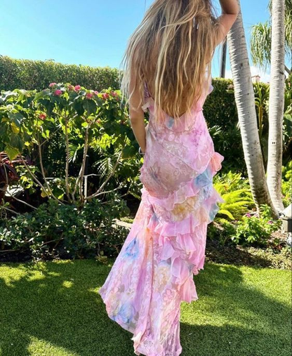 Charming Pink Print Chiffon Ruffles Party Evening Dress Long Prom Dress cc1809