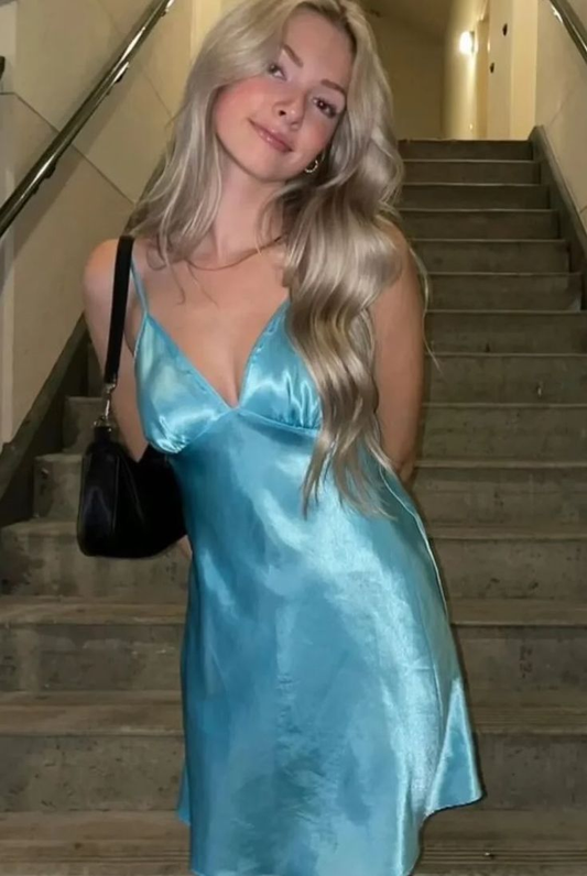 Simple Blue V Neck Satin Short Cocktail Dress Formal 8th Grade Homecoming Dress cc3385