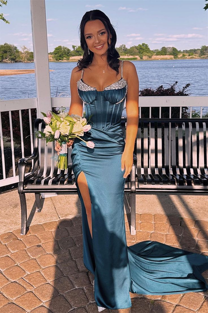 Ink Blue Beaded Mermaid Straps Satin Long Prom Dress with Slit cc1165
