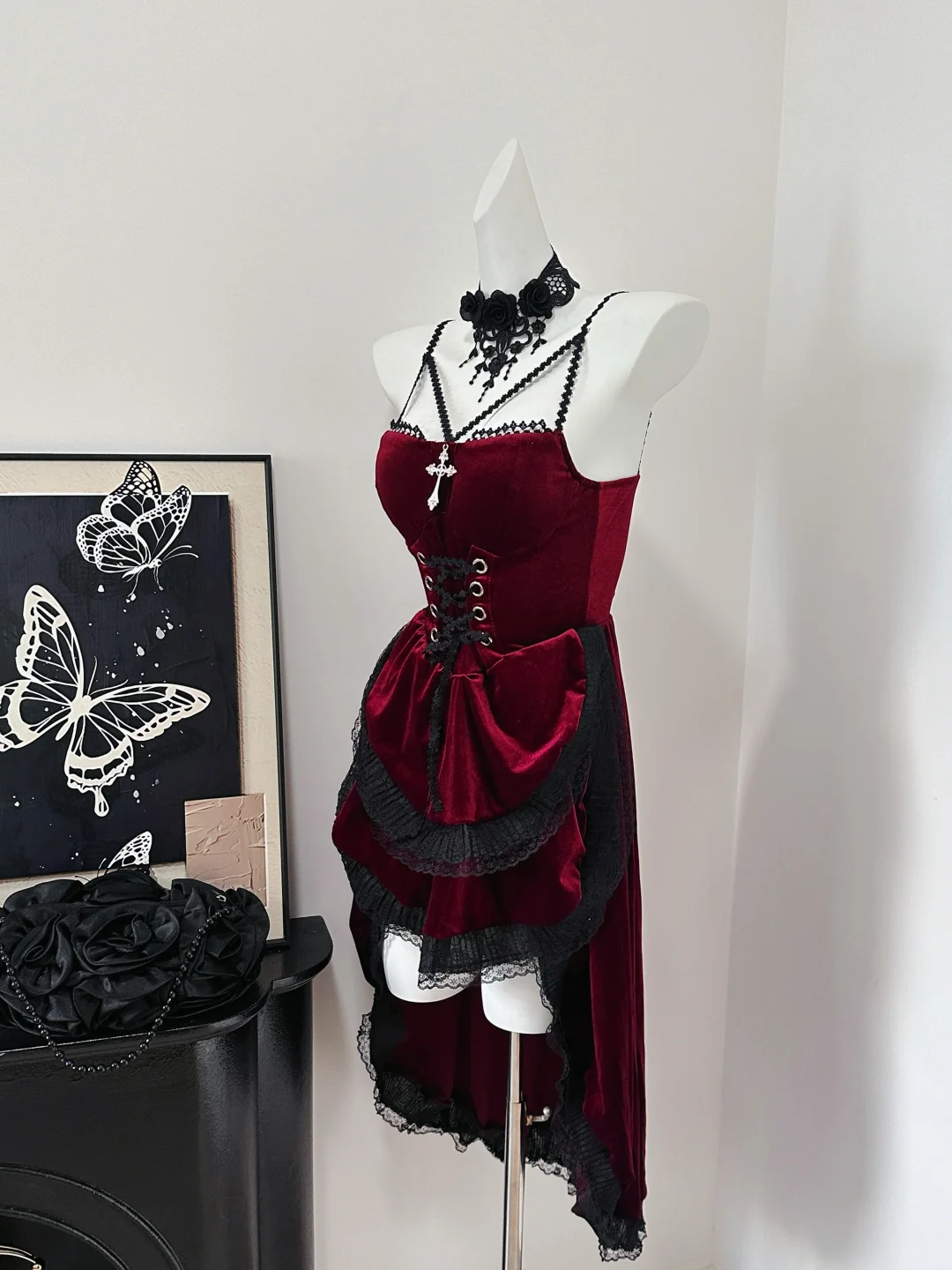 Elegant Burgundy Spaghetti Straps Velvet Lace 7th Grade Homecoming Dress Birthday Outfits cc3224