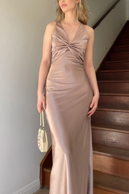 Vintage Olive Green V Neck Satin Long Prom Dress Evening Dress cc2718