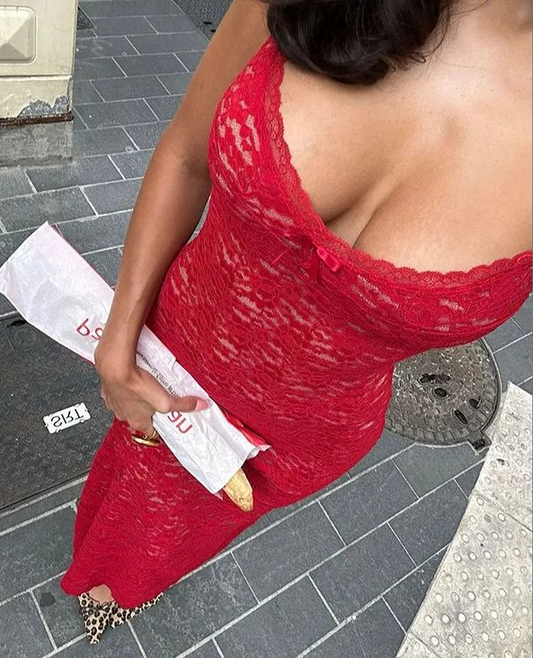 Sexy Red Lace Sheath Prom Dress Spaghetti Straps Party Evening Dress cc1811