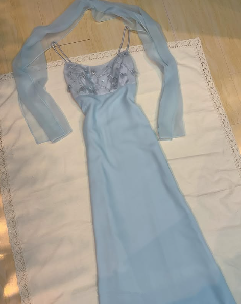 Pretty Light Blue Chiffon Applique Evening Dress,Straps Party Prom Gown cc2573