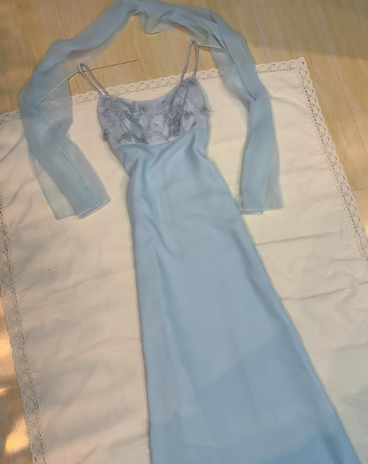Pretty Light Blue Chiffon Applique Evening Dress,Straps Party Prom Gown cc2573