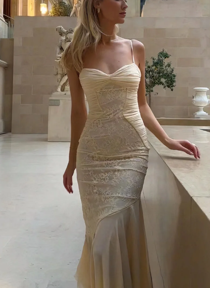 Elegant Spaghetti Straps Apricot Lace Chiffon Mermaid Evening Dress Prom Dress cc1848