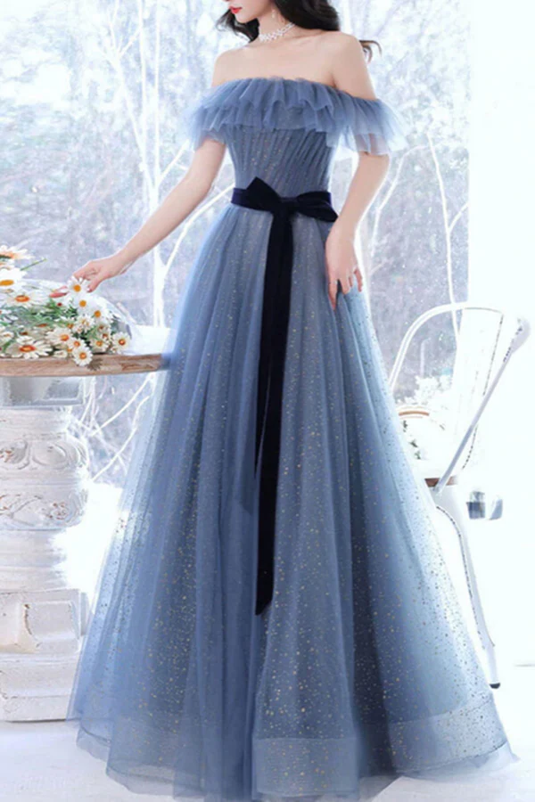 A-Line Gray Blue Off The Shoulder Long Prom Dress Tulle Evening Dress c2516