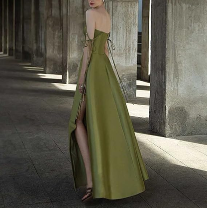 Simple A Line Green Satin Prom Dress Spaghetti Straps Long Party Evening Dress  cc1522