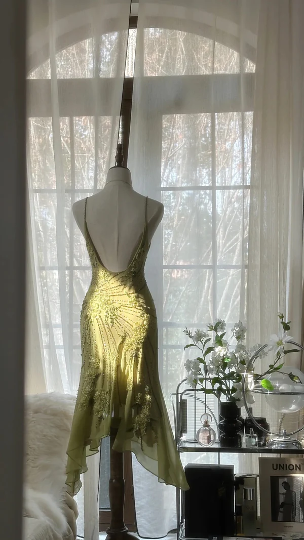 Vintage Green Chiffon Beaded Birthday Dress Homecoming Dress cc3037