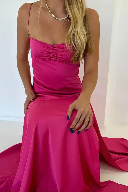 Charming Hot Pink Satin A Line Evening Dress Long Prom Party Gown  cc1822