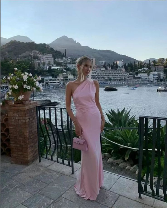 Pink One Shoulder Open Back Prom Dress Sheath Long Party Evening Gown cc2395
