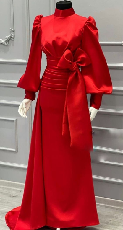 Red Satin Long Sleeve Prom Dress,Muslim Dress cc1050