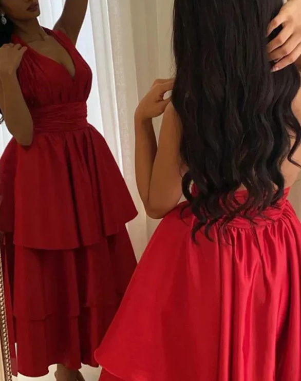 Sexy Halter V Neck Satin Layered Evening Dress A Line Party Dress cc1712