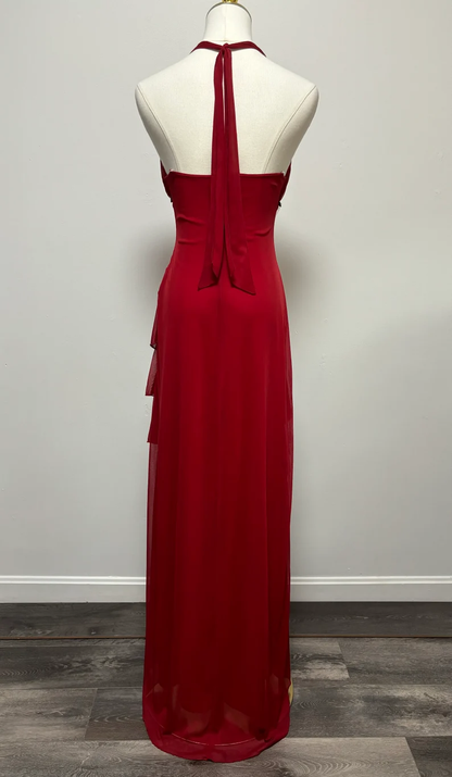Vintage Red Asymmetrical Ruffle Tiered Halter Formal Prom Dress Evening Dress cc1760