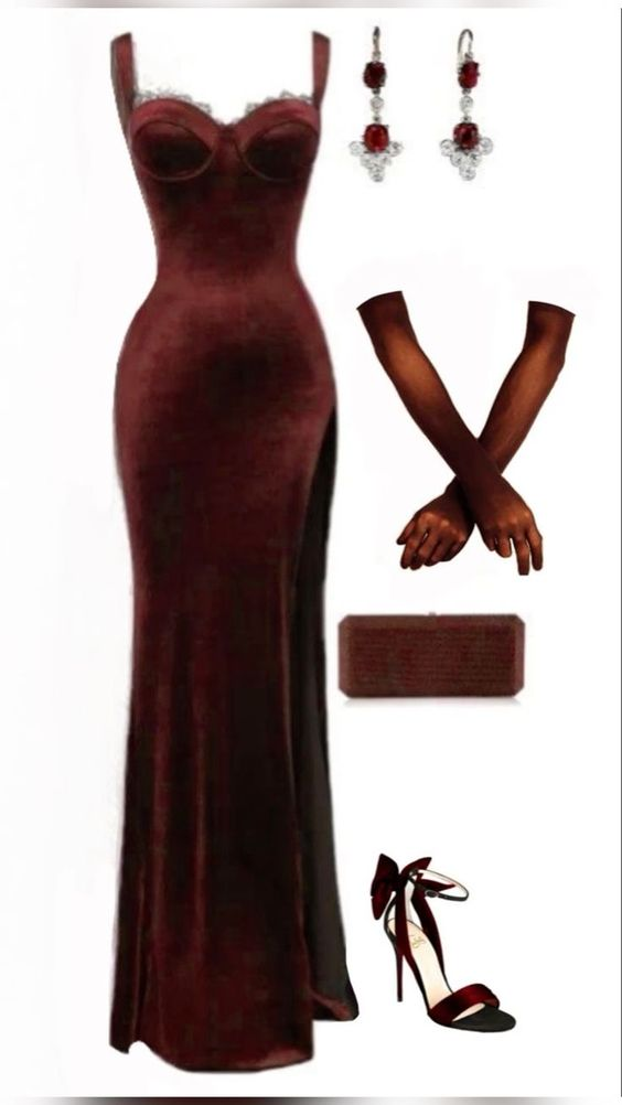 Elegant Burgundy Lace Velvet Long Prom Dress Slit Mermaid Evening Dress With Gloves cc1541