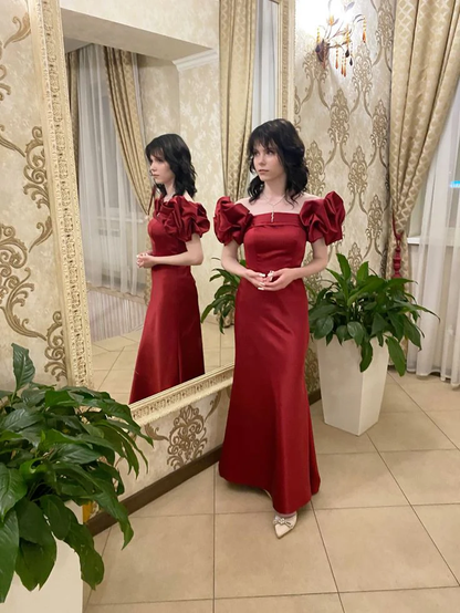 Red Satin Mermaid Prom Dress Puff Sleeves Party Evening Dress cc1585