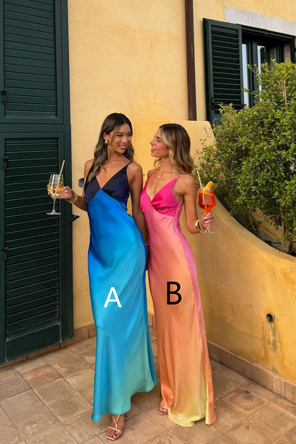 Unique Blue Satin V Neck Long Prom Dress Party Dress cc1537