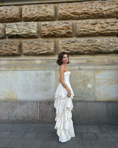 Elegant Ivory Strapless Satin Layered Prom Dress，Formal Wedding Evening Dress cc2681