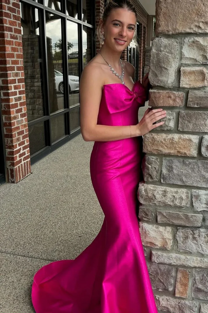 Chic Bow Strapless Mermaid Evening Dress Hot Pink Prom Dress cc2303
