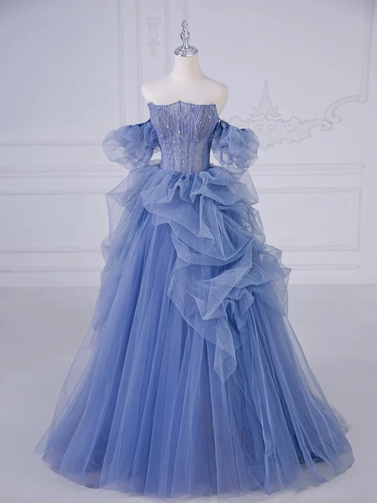 Elegant Blue Tulle Beaded Evening Dress Long Prom Dress  cc2240