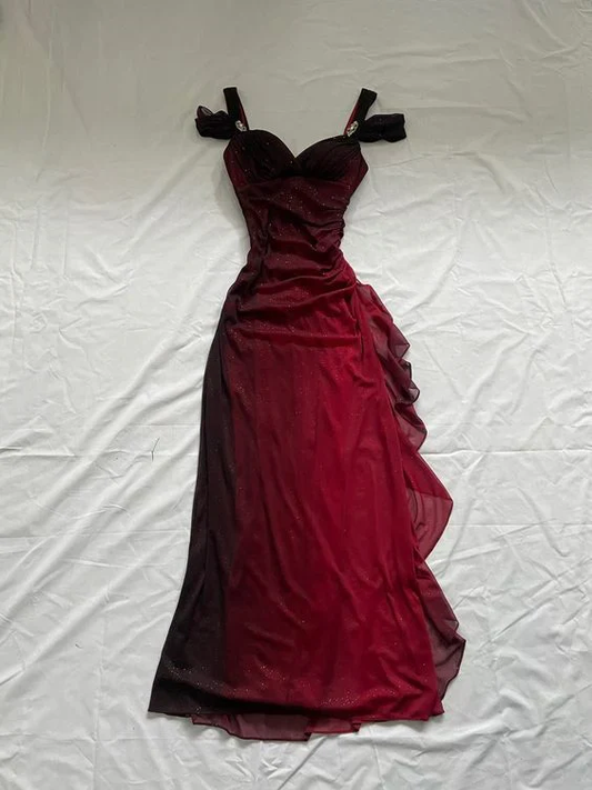 Charming Ombre Red Chiffon A Line Prom Dress Off The Shoulder Evening Dress cc1389
