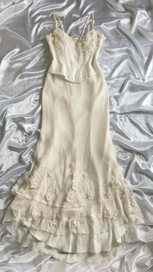 Elegant Straps Chiffon Ivory Long Prom Dress Mermaid Evening Dress cc1500