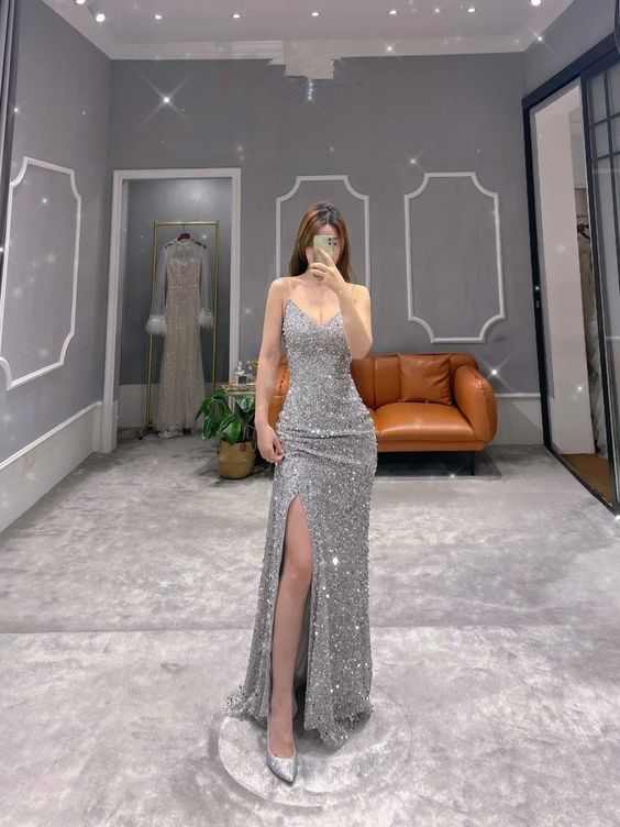 Shiny Sheath Sequin Prom Dress With Split,Glam Dress cc1069