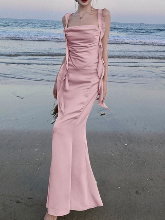 Sweet Pink Mermaid Evening Dress Satin Long Slit Prom Dress cc2105