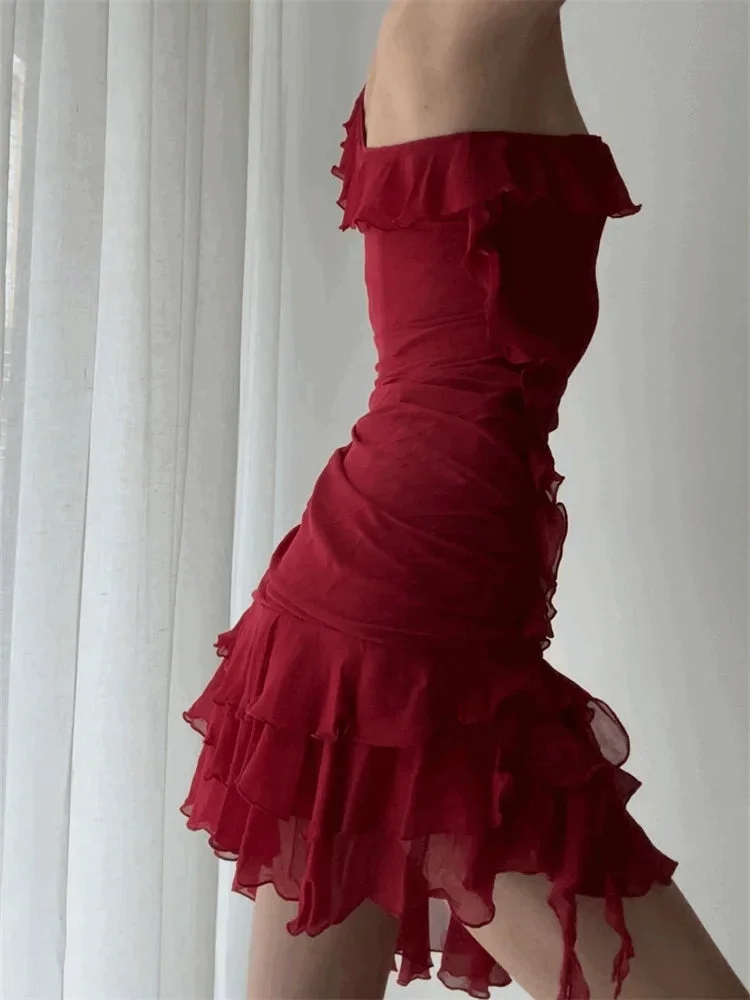 Classy Sleeveless Irregular Ruffles Chiffon Short Party Dress Red One Shoulder Graduation Homecoming Dress cc3387