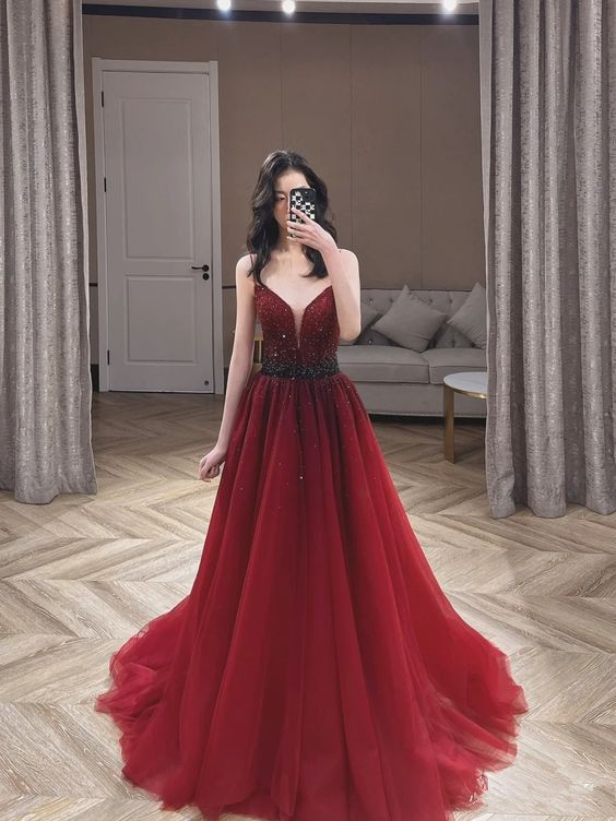 Burgundy Tulle Beaded Long Prom Dress, A-Line Spaghetti Strap Evening Dress cc973