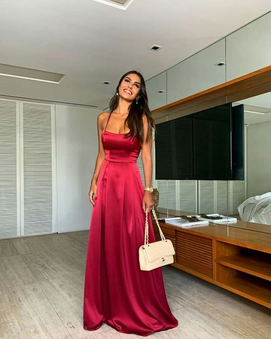 A-line Lace Up Back Satin Floor Length Prom Dress cc1302