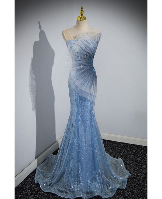 Stylish Mermaid Sequin Blue Scalloped Prom Dress Shiny Party Evening Dress cc1691
