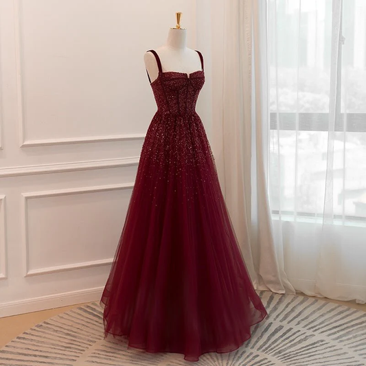 Burgundy Tulle Sequins A Line Ball Gown Glitter Party Evening Dress cc1574