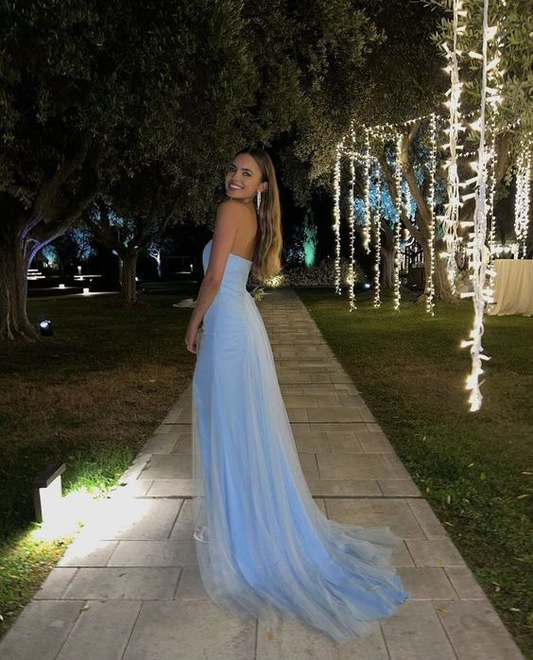 Sexy A Line Long Strapless Light Blue Slit Prom Dresses cc1217