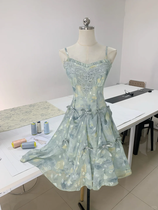 Elegant Blue Spaghetti Straps Chiffon Printed Floral Short Prom Dress Formal Graduation Homecoming Dress cc3438