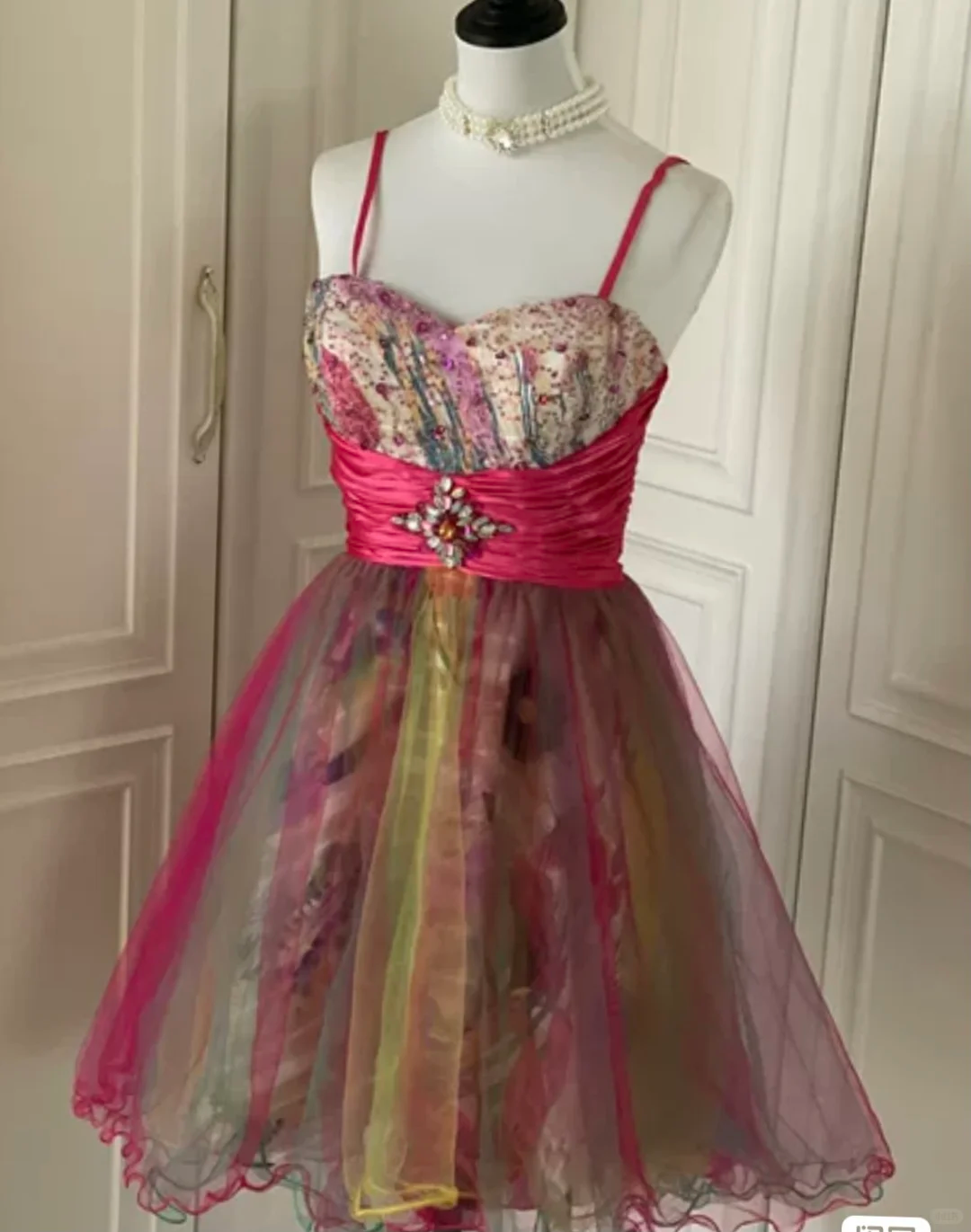 Unique Spaghetti Straps Tulle Sequin A Line Homecoming Dress Mini Party Dress cc3177